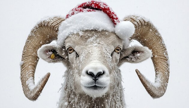 Majestic Mountain Ram Wearing a Santa Hat in a Snowy Landscape, Celebrating the Festive Season