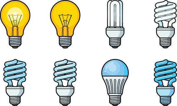 Light bulb types set, incandescent fluorescent and led lamps collection flat vector illustration isolated on white