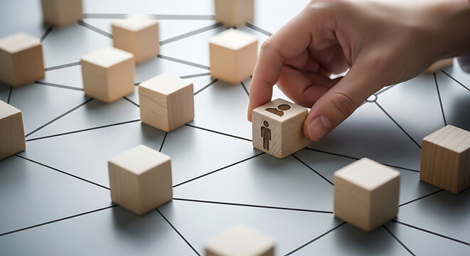 Hand placing wooden cube with person on network grid