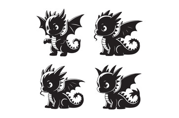 Obraz premium Black Silhouette Dragon Characters Four Poses Vector Illustration
