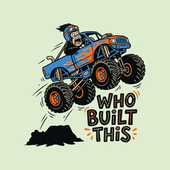 Cartoon gorilla driving a monster truck jumping over dirt with funny text © MdAnisul