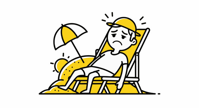 Cartoon man overheating on yellow beach chair outdoors.