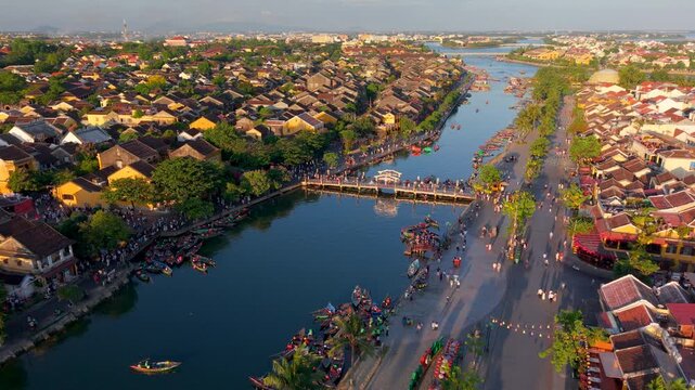 Aerial panoramic view of Hoi An city, Da Nang province, Vietnam. Panoramic footage of Hoian ancient town, UNESCO world heritage. One of the most travel popular touristic destinations 