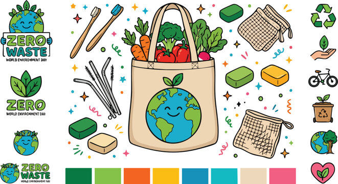 Sustainability icons and zero waste products for World Environment Day