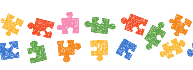 Naklejka premium Puzzle crayon pattern border scribble texture set. Jigsaw puzzle seamless pieces hand drawn. Children book, educational material, poster, sticker, print, playful kids design elements