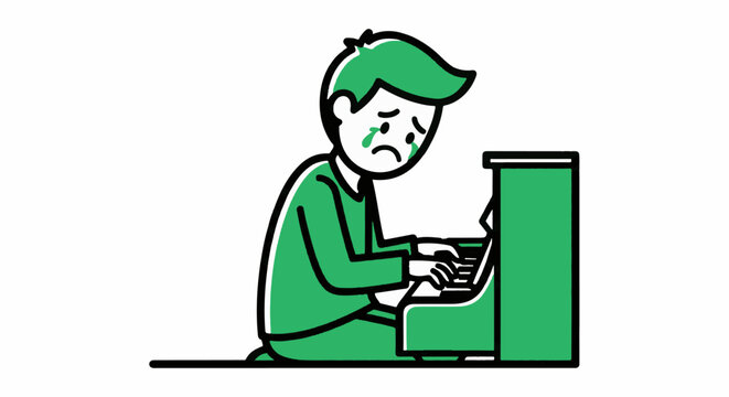 Sad cartoon boy playing piano with frustration and focus.