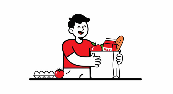 Happy man holding grocery bag with fresh produce and bread.