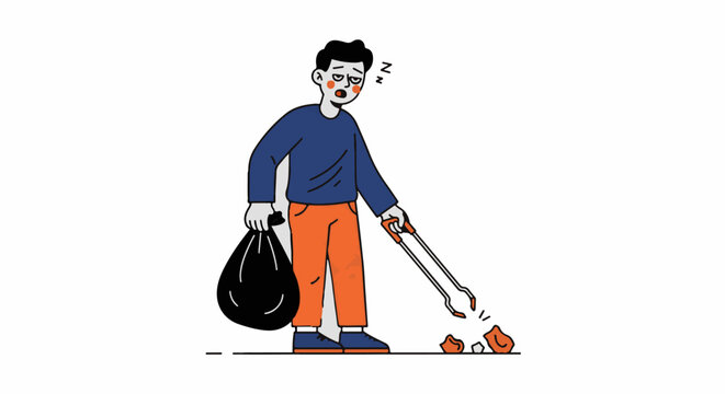 Tired man cleaning park litter with broken tool.