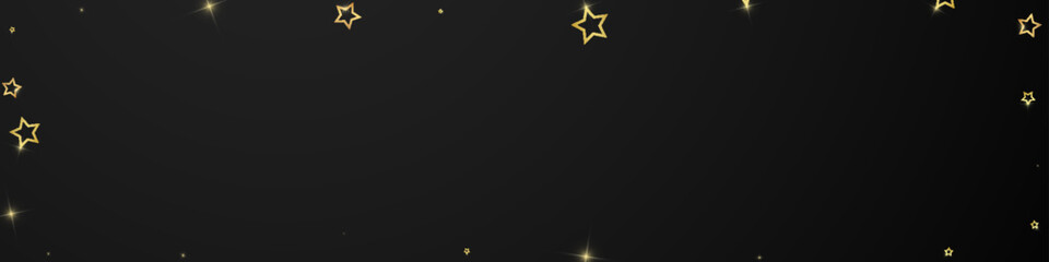 Obraz premium Gold sparkling star confetti. Chaotic dreamy childish overlay template. Festive stars vector illustration on black background.
