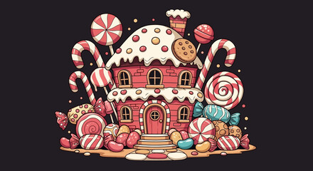 Fototapeta premium Whimsical Candy House Surrounded by an Assortment of Sweets.