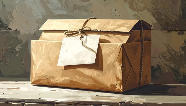 A brown package with a tag on a string