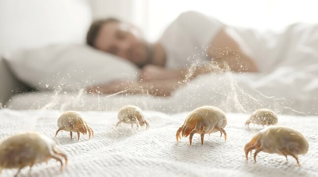 Microscopic dust mites crawling on a white bed surface with a sleeping person in the background, representing allergens and poor hygiene.
