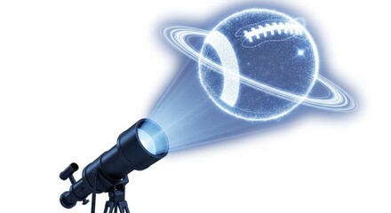 Fototapeta premium Holographic telescope projecting futuristic space galaxy illustration with glowing blue light effects