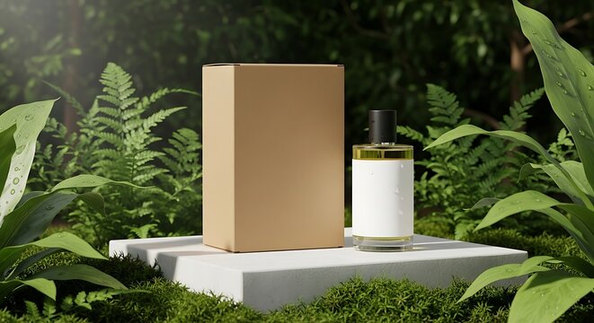 Perfume Display with Bottle and Box on a Plant Background