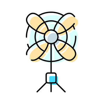 Electric fan line art illustration showing an appliance circulating air for cooling and ventilation, symbolizing summer relief, fresh breeze and comfort in home interiors