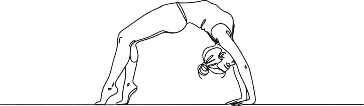 A minimalist black and white line art drawing of a woman practicing the wheel yoga pose on floor