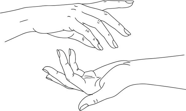 A minimalist black and white line art drawing showing two graceful human hands reaching together