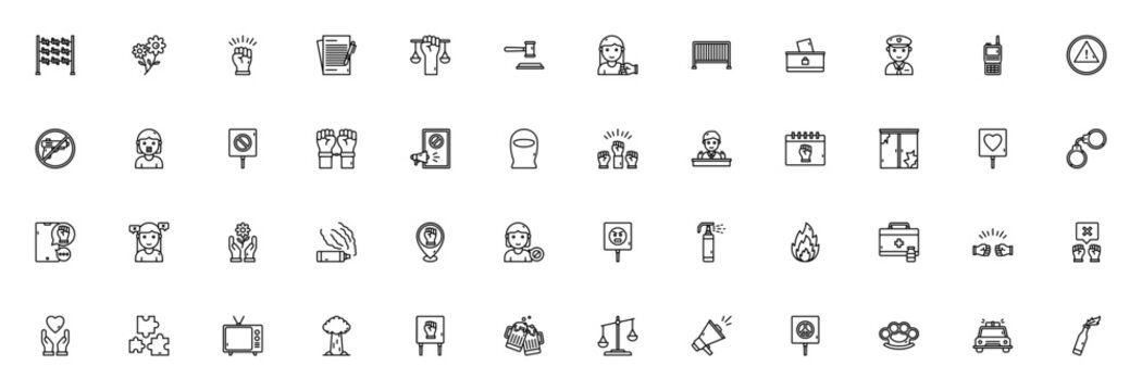 Protest_2056 icon set. Minimal line icons. Featuring barbed wire, fist, human rights, peace, riot, police, megaphone and more. Editable vector stroke.