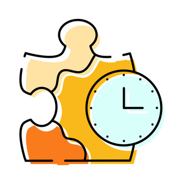 Puzzle piece combining with a clock displaying short hands, illustrating the concept of finding a solution for efficient time management, planning, and strategic thinking in projects