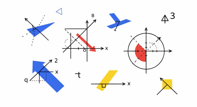 Abstract geometric shapes and mathematical diagrams on white background
