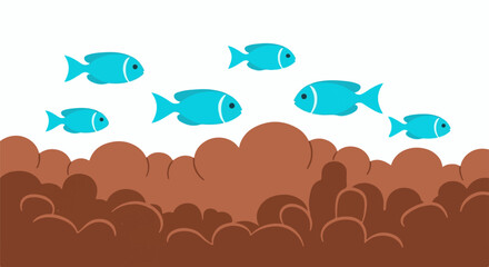 Fototapeta premium A school of bright blue fish swims above muddy, rounded mounds