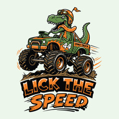 Cartoon T-Rex Dinosaur Driving a Monster Truck with Lick The Speed Text © MdAnisul