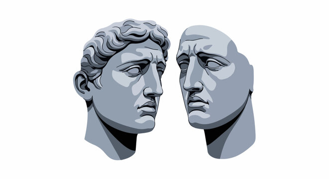 Two classical grey stone busts facing each other with pixelated detail