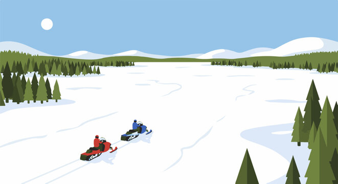 Two snowmobiles ride across a vast, frozen landscape under a clear sky