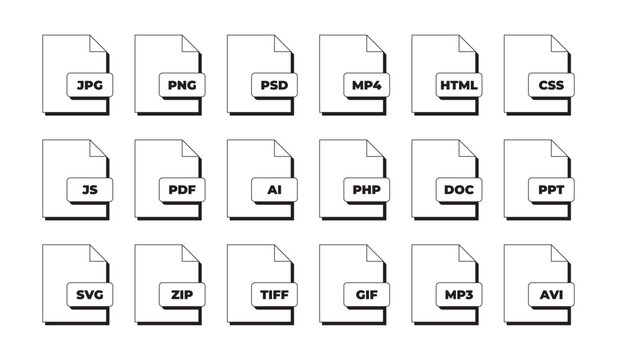 File format document modern black and white UI element set. Digital extensions and types. Isolated monochrome vector interface component pack for app design in minimal neubrutalism style