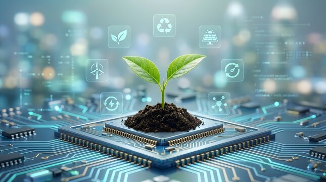 Sustainable IT and green computing concept featuring a plant on processor chip