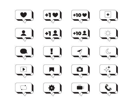 Social media notification modern black and white UI element set. Likes followers in popup bubbles. Isolated monochrome vector interface component pack for app design in minimal neubrutalism style