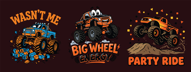 Set of three colorful cartoon monster truck illustrations with text © MdAnisul