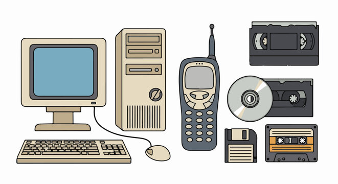 Vintage computer, cell phone, and various storage media formats