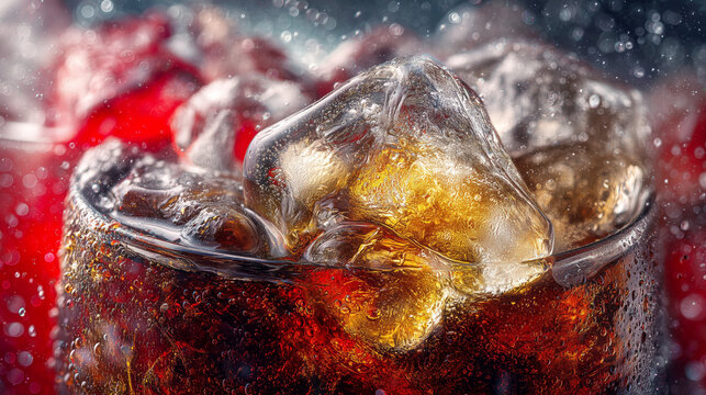 Close-up of a refreshing cola drink with ice cubes and condensation on the glass.