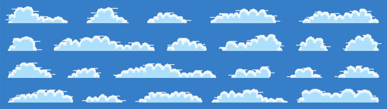 Pixel cloud collection for retro games. Includes arcade style sky clouds and weather elements in pixel art design