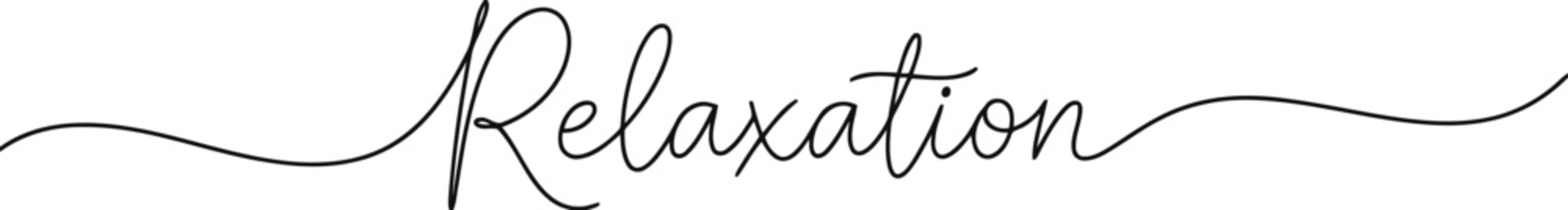 Minimalist continuous line art design featuring the word relaxation in elegant cursive script font