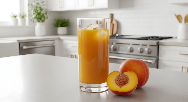 Glass of peach juice with fresh peaches on a kitchen counter