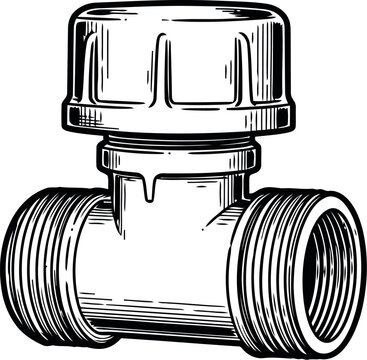 A detailed technical illustration of a t-shaped pipe fitting with a threaded cap on white background