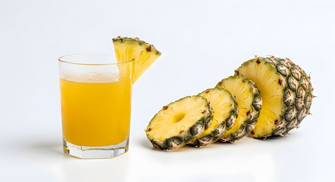 Jus nanas segar dengan irisan buah utuh di sampingnya pada latar putih
