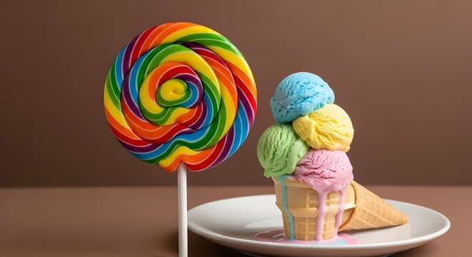 Permen loli pelangi besar dan es krim warna-warni meleleh di piring putih