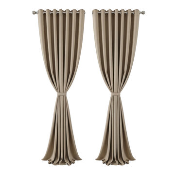 Pair of beige grommet curtains with tiebacks isolated on a transparent background