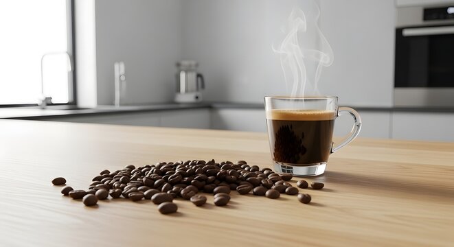 Kopi hitam panas beruap dan tumpukan biji kopi di atas meja kayu dapur