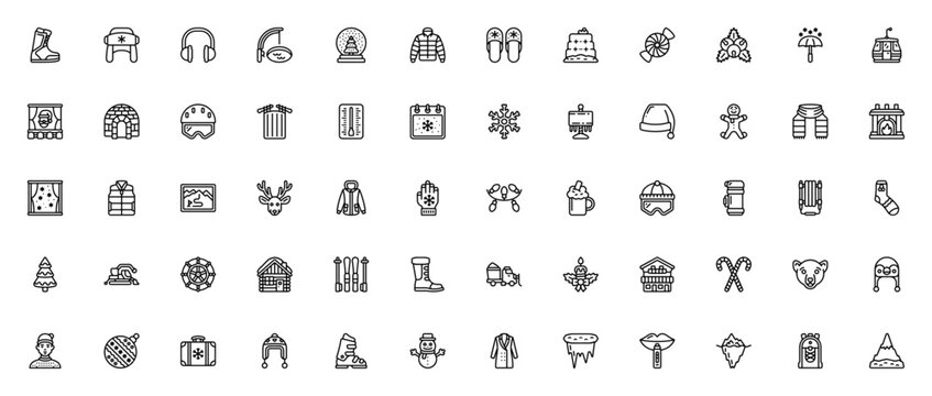 Winter icon set. Vector illustration pack. Featuring boots, winter hat, earmuffs, snow globe, snowflake, Santa hat, gingerbread man, fireplace, reindeer, hot chocolate, Christmas tree, polar bear, sno