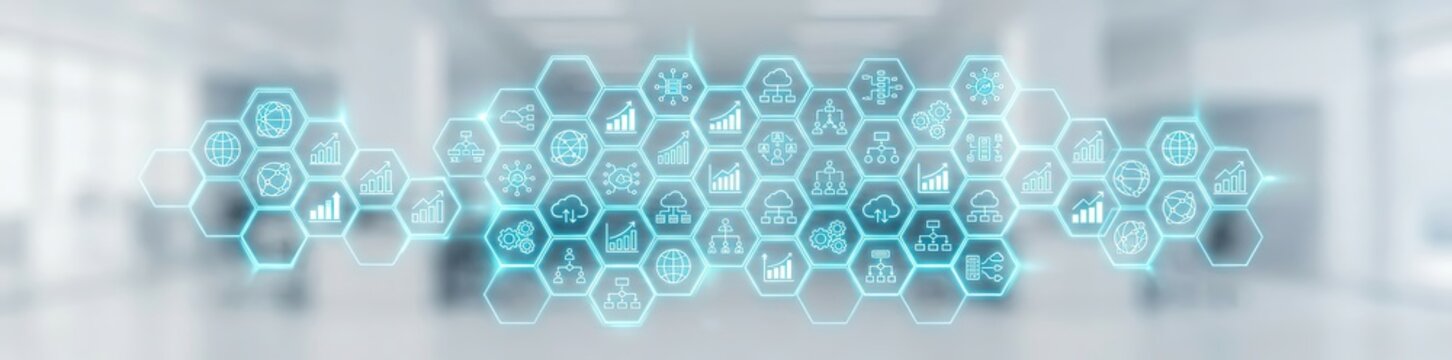 Innovative technology implementation business office digital graphics modern workspace aesthetic perspective streamlining processes for enhanced efficiency
