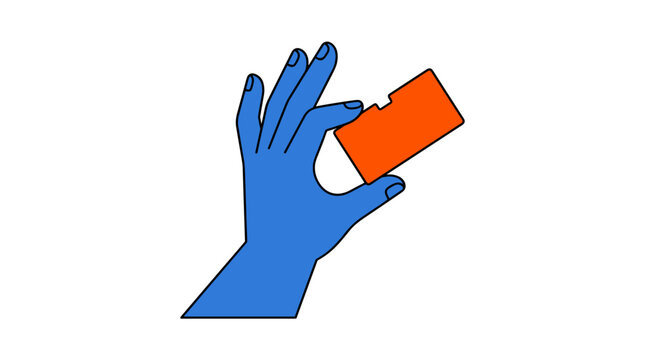 Hand holding rectangular object blue glove orange rectangle graphic resource technology symbol