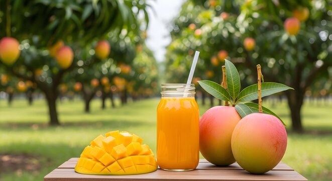 Jus mangga segar dan buah utuh di atas meja kayu berlatar kebun tropis