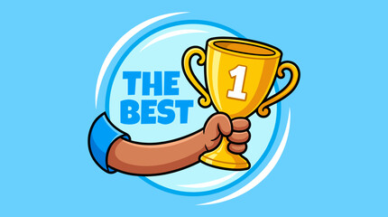 Fototapeta premium Arm grasping golden trophy cup with number one and the best text on blue background