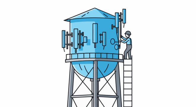 Technician working on communication equipment atop a water tower