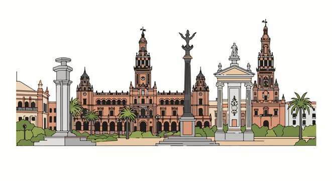 Historic civic buildings and monuments with palm trees and green shrubs under a white background