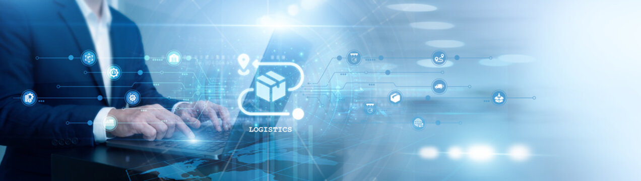Supply chain manager working on laptop. Logistics coordination. Professional tracking global cargo shipments and fleet delivery. Efficient transport management and warehouse operations.